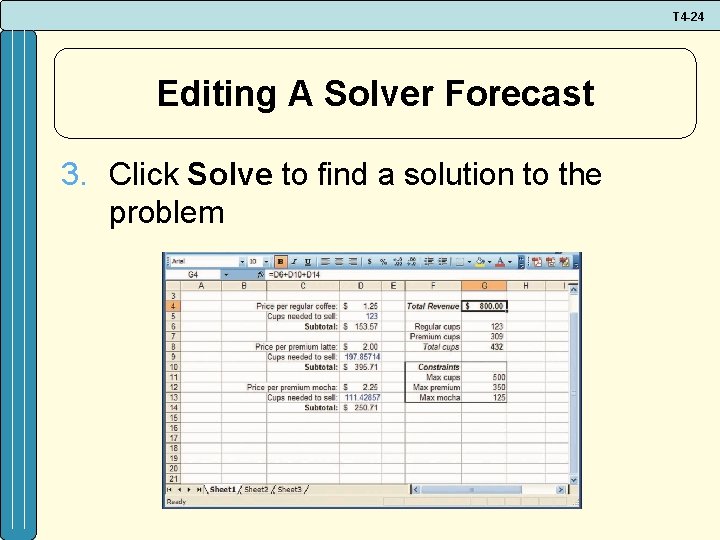 T 4 -24 Editing A Solver Forecast 3. Click Solve to find a solution