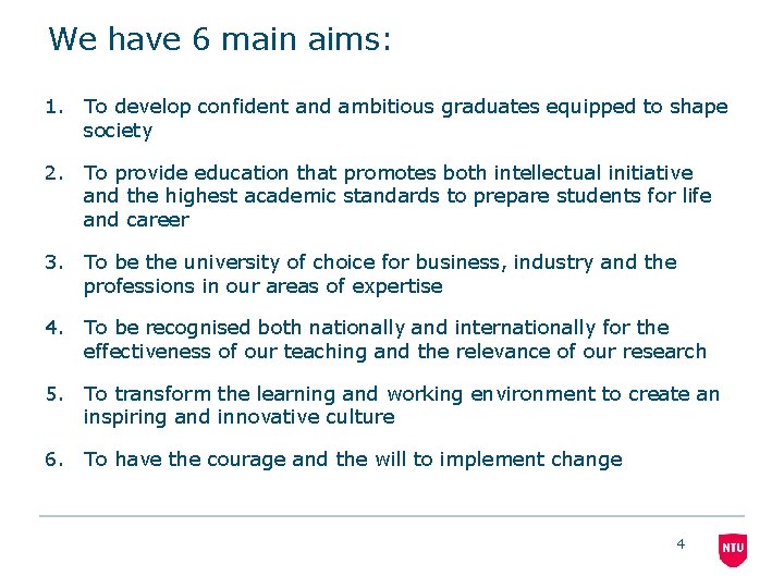 We have 6 main aims: 1. To develop confident and ambitious graduates equipped to