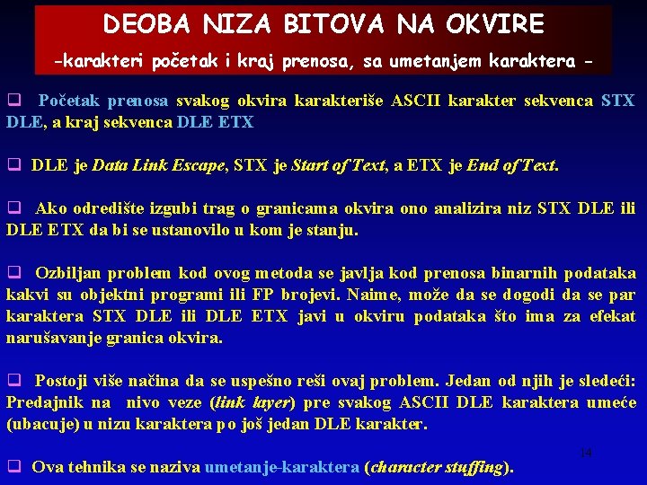 DEOBA NIZA BITOVA NA OKVIRE -karakteri početak i kraj prenosa, sa umetanjem karaktera -