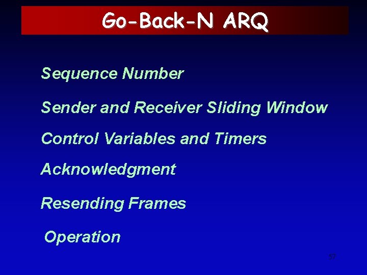 Go-Back-N ARQ Sequence Number Sender and Receiver Sliding Window Control Variables and Timers Acknowledgment