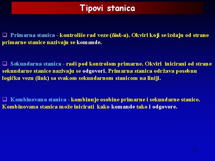 Tipovi stanica q Primarna stanica - kontroliše rad veze (link-a). Okviri koji se izdaju