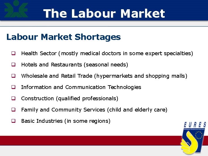 The Labour Market Shortages q Health Sector (mostly medical doctors in some expert specialties)