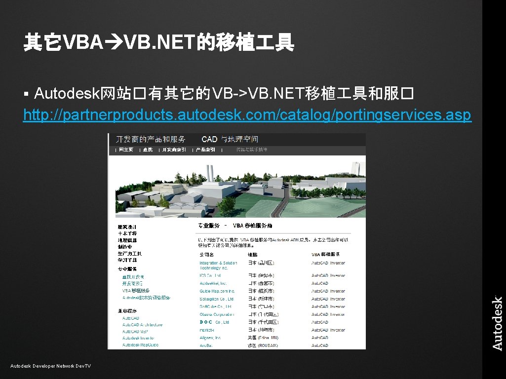 其它VBA VB. NET的移植 具 Autodesk网站�有其它的 VB->VB. NET移植 具和服� http: //partnerproducts. autodesk. com/catalog/portingservices. asp § 其它VBA VB. NET的移植 具 Autodesk网站�有其它的 VB->VB. NET移植 具和服� http: //partnerproducts. autodesk. com/catalog/portingservices. asp §