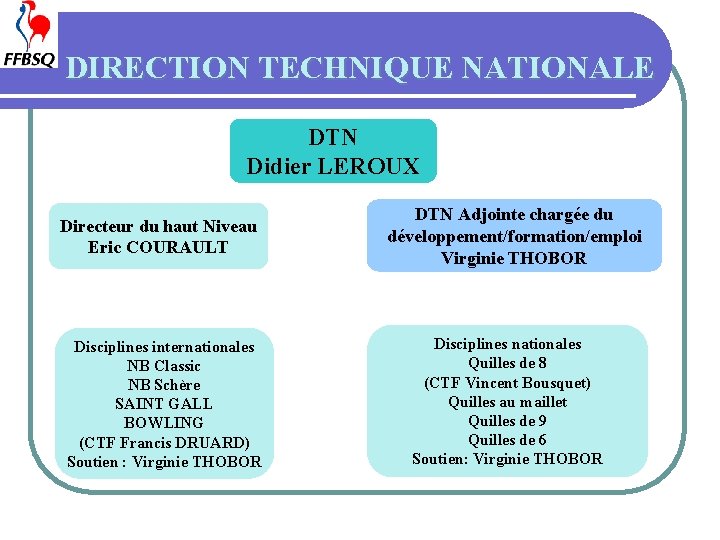 DIRECTION TECHNIQUE NATIONALE DTN Didier LEROUX Directeur du haut Niveau Eric COURAULT Disciplines internationales