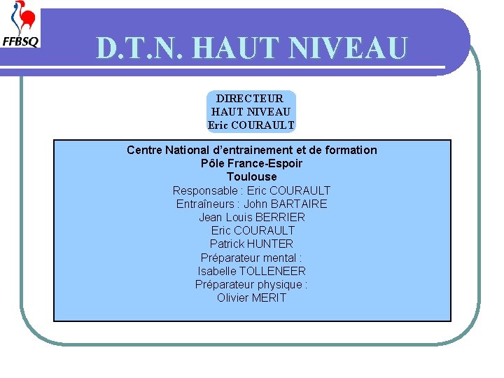 D. T. N. HAUT NIVEAU DIRECTEUR HAUT NIVEAU Eric COURAULT Centre National d’entrainement et