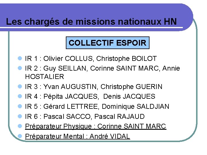 Les chargés de missions nationaux HN COLLECTIF ESPOIR l IR 1 : Olivier COLLUS,