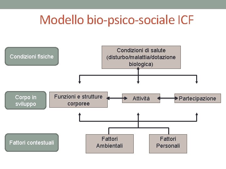 Modello bio-psico-sociale ICF Condizioni di salute (disturbo/malattia/dotazione biologica) Condizioni fisiche Corpo in sviluppo Fattori