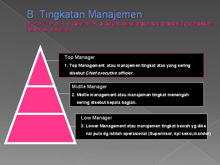 B. Tingkatan Manajemen Menurut Dr. S. P. Siagian MPA, di dalam setiap organisasi terdapat