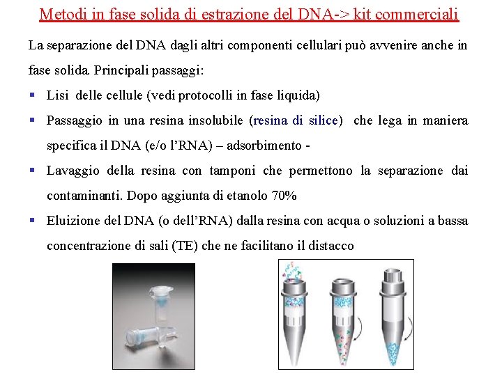 Metodi in fase solida di estrazione del DNA-> kit commerciali La separazione del DNA