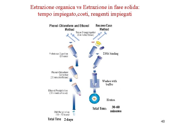 Estrazione organica vs Estrazione in fase solida: tempo impiegato, costi, reagenti impiegati DNA binding