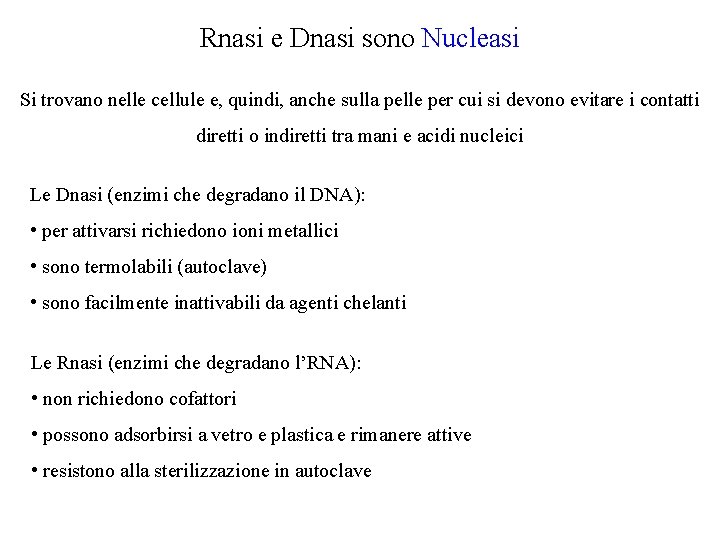 Rnasi e Dnasi sono Nucleasi Si trovano nelle cellule e, quindi, anche sulla pelle