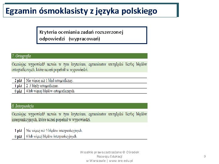 Egzamin ósmoklasisty z języka polskiego Kryteria oceniania zadań rozszerzonej odpowiedzi (wypracowań) Wszelkie prawa zastrzeżone