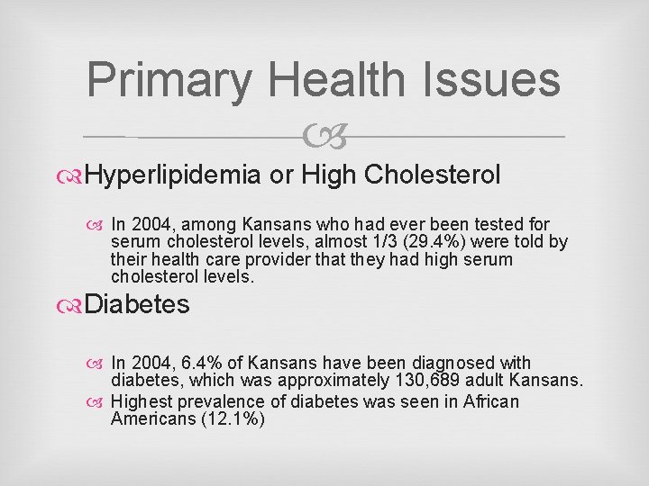 Primary Health Issues Hyperlipidemia or High Cholesterol In 2004, among Kansans who had ever