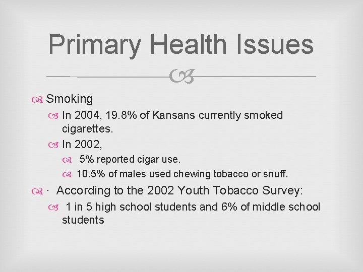 Primary Health Issues Smoking In 2004, 19. 8% of Kansans currently smoked cigarettes. In
