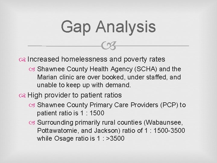 Gap Analysis Increased homelessness and poverty rates Shawnee County Health Agency (SCHA) and the