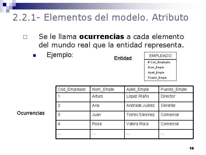 2. 2. 1 - Elementos del modelo. Atributo ¨ n Se le llama ocurrencias