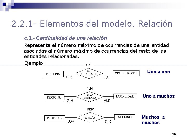2. 2. 1 - Elementos del modelo. Relación c. 3. - Cardinalidad de una