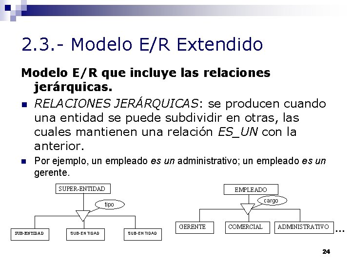 2. 3. - Modelo E/R Extendido Modelo E/R que incluye las relaciones jerárquicas. n