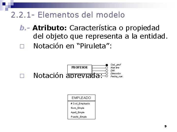 2. 2. 1 - Elementos del modelo b. - Atributo: Característica o propiedad del