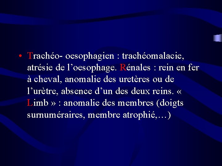  • Trachéo- oesophagien : trachéomalacie, atrésie de l’oesophage. Rénales : rein en fer