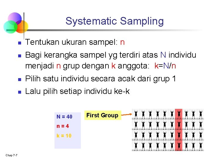 Systematic Sampling n n Tentukan ukuran sampel: n Bagi kerangka sampel yg terdiri atas