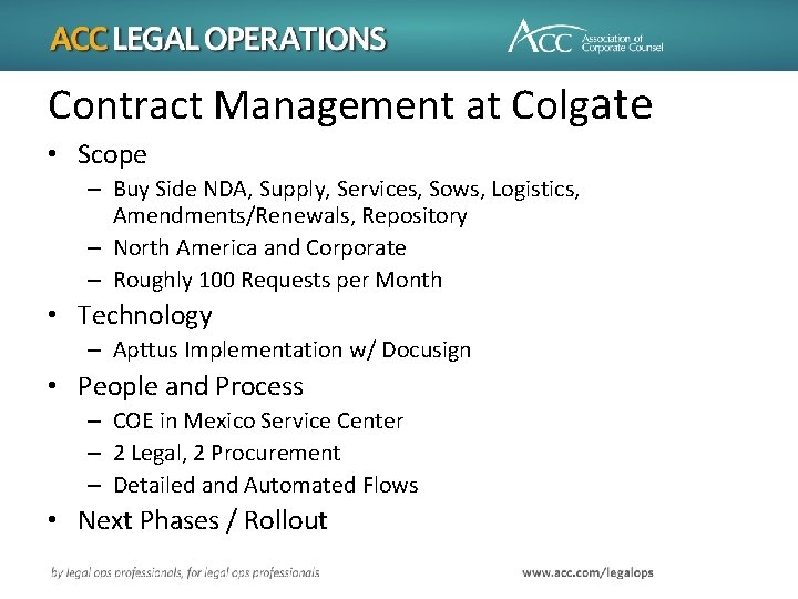 Contract Management at Colgate • Scope – Buy Side NDA, Supply, Services, Sows, Logistics,