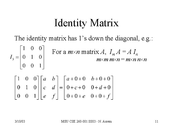 Identity Matrix The identity matrix has 1’s down the diagonal, e. g. : For