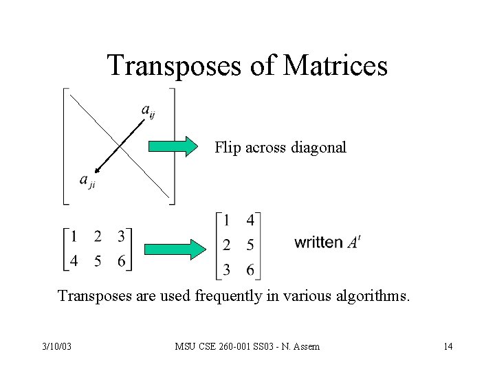 Transposes of Matrices Flip across diagonal Transposes are used frequently in various algorithms. 3/10/03