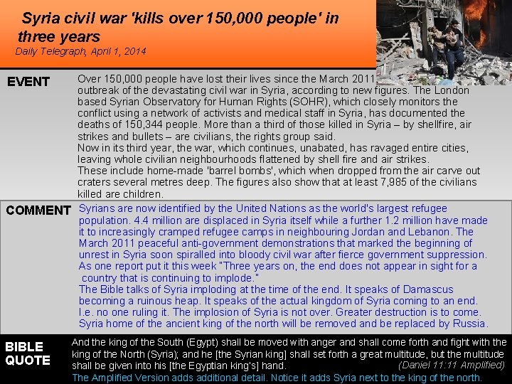 Syria civil war 'kills over 150, 000 people' in three years Daily Telegraph, April