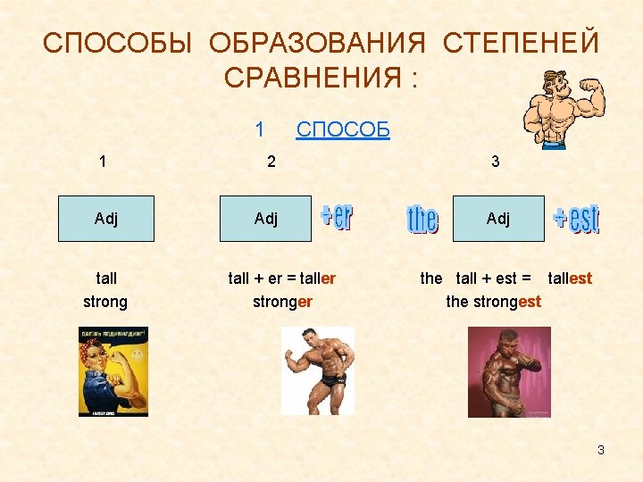 СПОСОБЫ ОБРАЗОВАНИЯ СТЕПЕНЕЙ СРАВНЕНИЯ : 1 1 Adj tall strong СПОСОБ 2 Adj tall