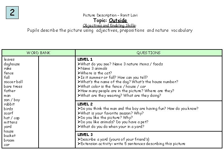 2 Picture Description – Ronit Lavi Topic: Outside Objectives and Enabling Skills: Pupils describe