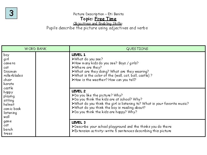 3 Picture Description – Eti Benita Topic: Free Time Objectives and Enabling Skills: Pupils