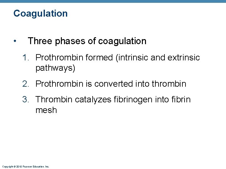 Coagulation • Three phases of coagulation 1. Prothrombin formed (intrinsic and extrinsic pathways) 2.