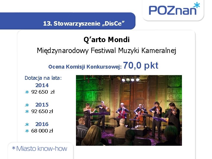 13. Stowarzyszenie „Dis. Ce” Q’arto Mondi Międzynarodowy Festiwal Muzyki Kameralnej Ocena Komisji Konkursowej: Dotacja