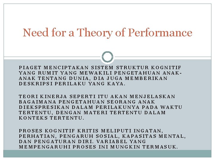 Need for a Theory of Performance PIAGET MENCIPTAKAN SISTEM STRUKTUR KOGNITIF YANG RUMIT YANG