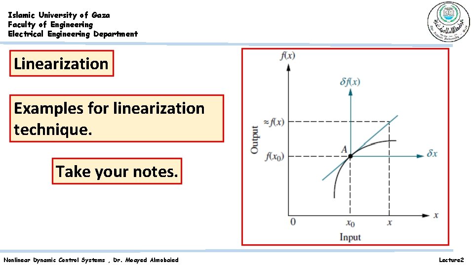 Islamic University of Gaza Faculty of Engineering Electrical Engineering Department Linearization Examples for linearization Islamic University of Gaza Faculty of Engineering Electrical Engineering Department Linearization Examples for linearization