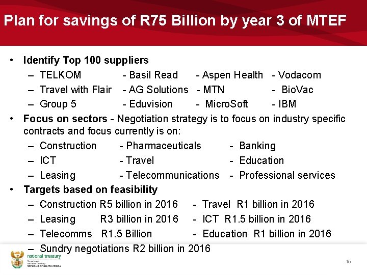 Plan for savings of R 75 Billion by year 3 of MTEF • Identify