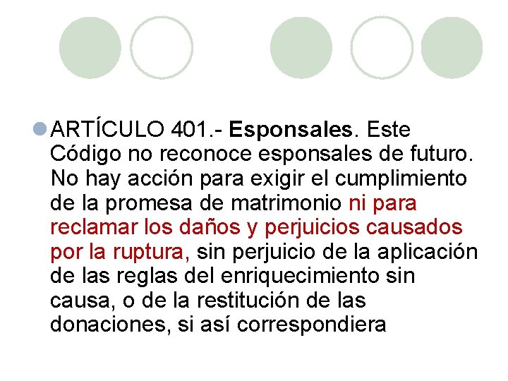 l ARTÍCULO 401. Esponsales. Este Código no reconoce esponsales de futuro. No hay acción