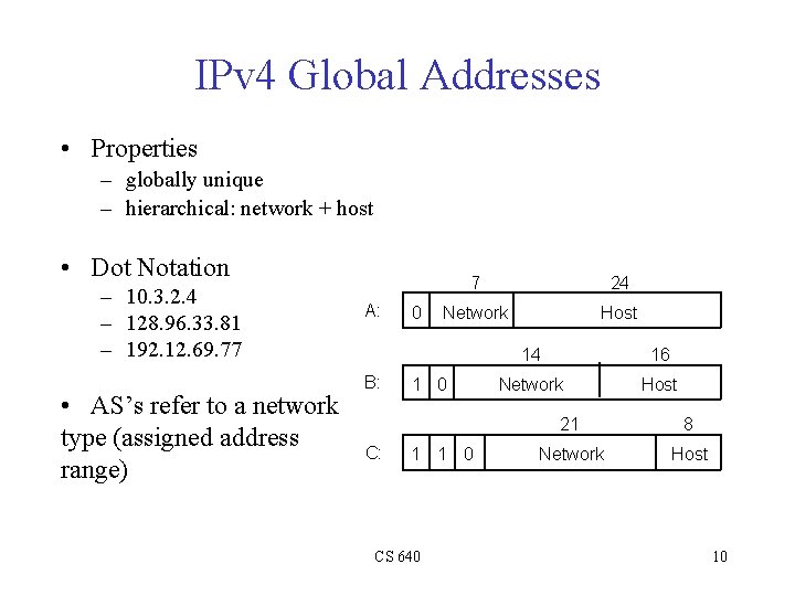 IPv 4 Global Addresses • Properties – globally unique – hierarchical: network + host