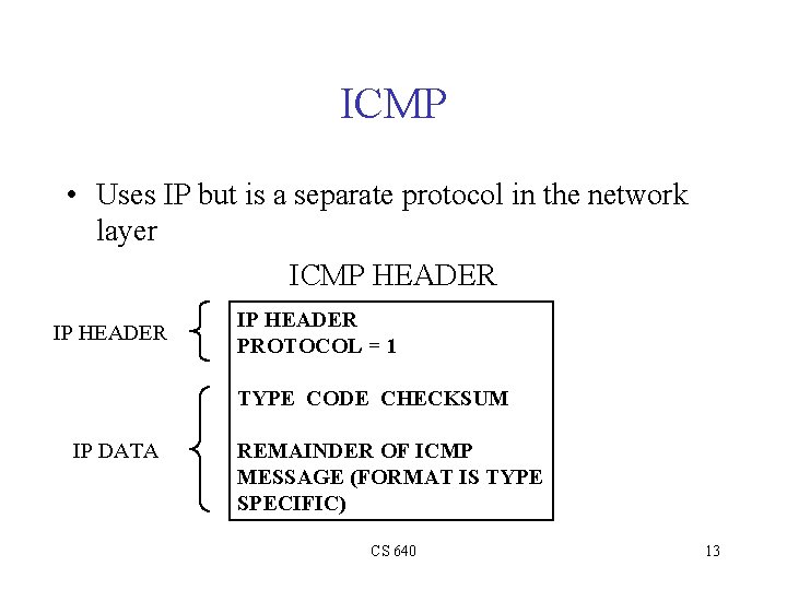 ICMP • Uses IP but is a separate protocol in the network layer ICMP