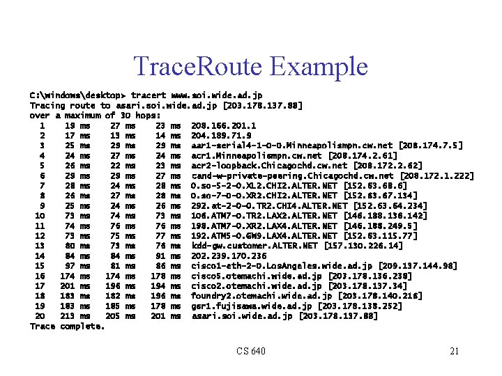 Trace. Route Example C: windowsdesktop> tracert www. soi. wide. ad. jp Tracing route to