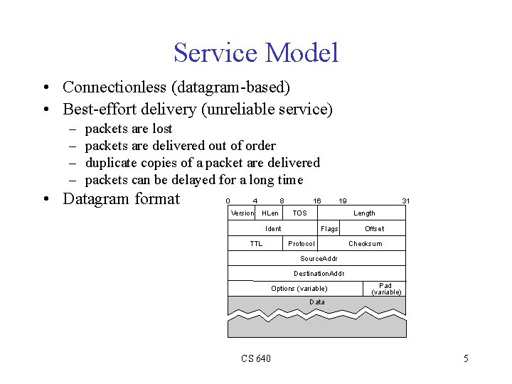 Service Model • Connectionless (datagram-based) • Best-effort delivery (unreliable service) – – packets are