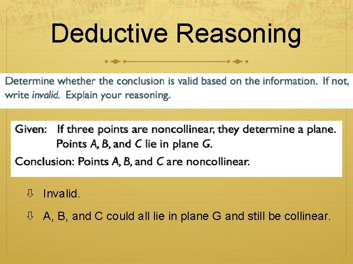 Deductive Reasoning Invalid. A, B, and C could all lie in plane G and