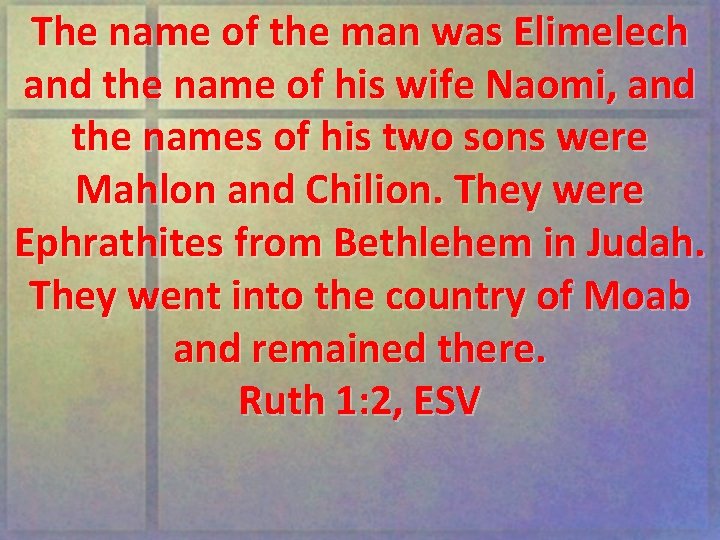 The name of the man was Elimelech and the name of his wife Naomi,