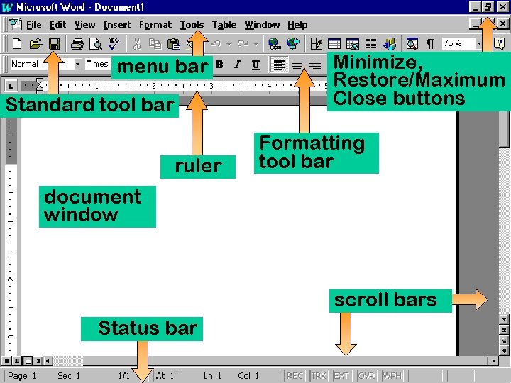 menu bar Standard tool bar ruler Minimize, Restore/Maximum Close buttons Formatting tool bar document