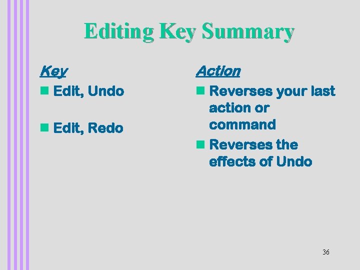 Editing Key Summary Key n Edit, Undo Action n Reverses your last n Edit,