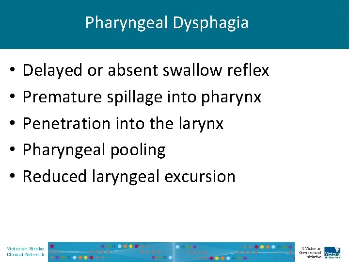 Pharyngeal Dysphagia • • • Delayed or absent swallow reflex Premature spillage into pharynx
