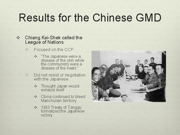 Results for the Chinese GMD v Chiang Kai-Shek called the League of Nations v