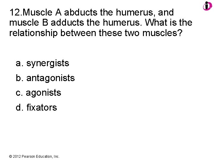 12. Muscle A abducts the humerus, and muscle B adducts the humerus. What is