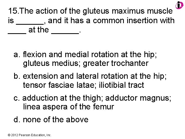 15. The action of the gluteus maximus muscle is ______, and it has a